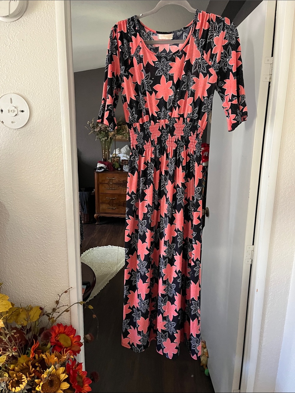 Accessorize Black Maxi Dress with Coral Floral Print glitter and sequin
